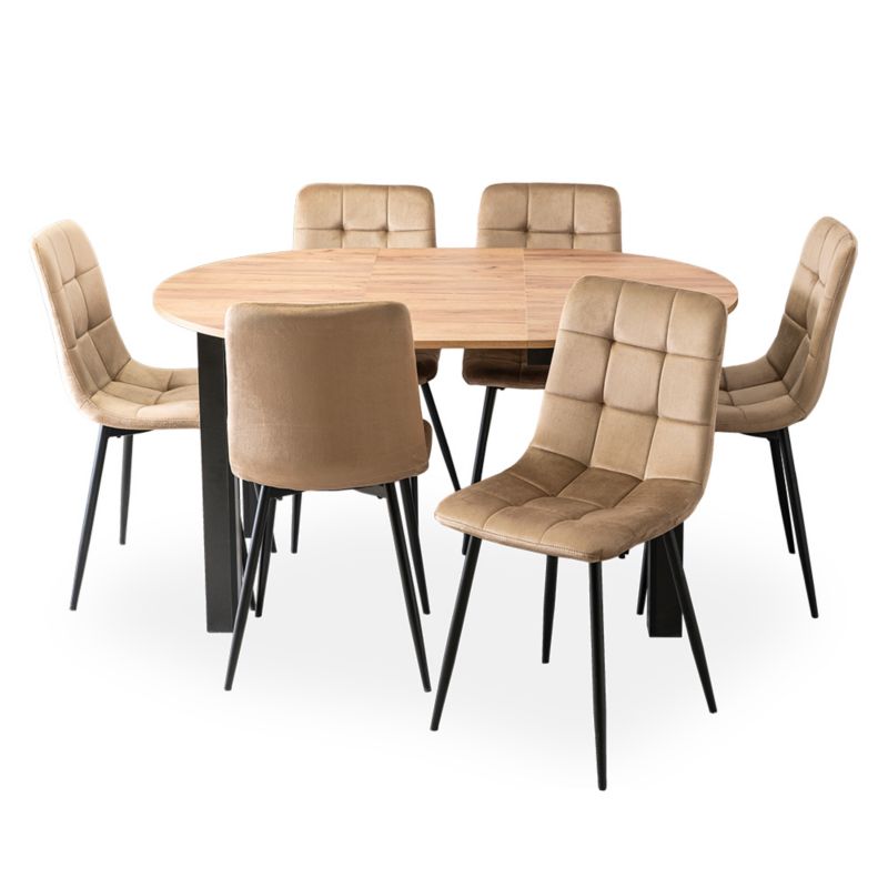 Zestaw Mebel Elite Stół Rozkładany Okrągły Kuchenny Krzesło Komplet Tapicerowane Beż 6x 1 kpl.