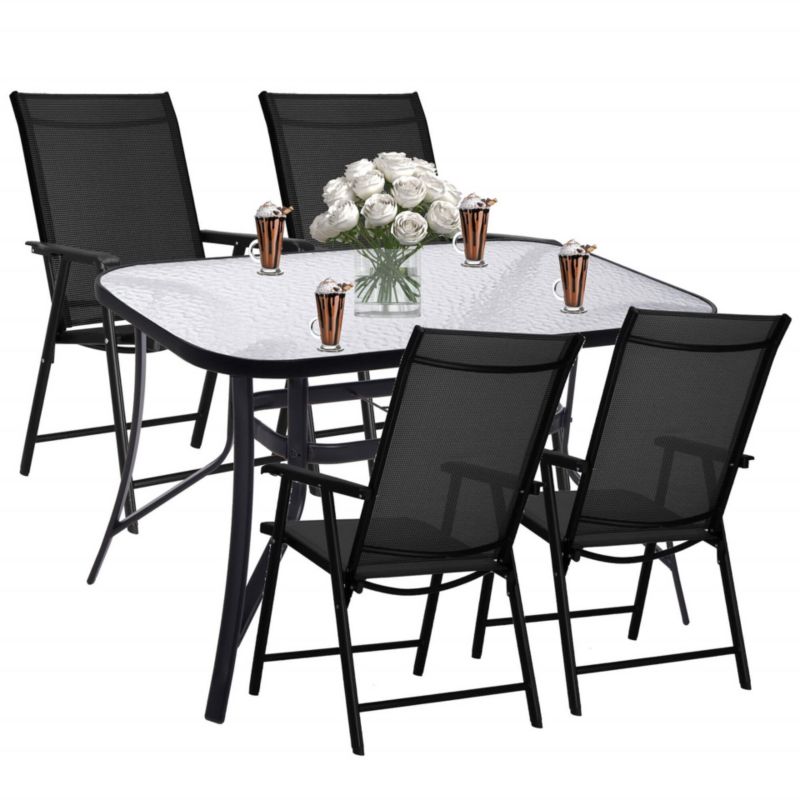 Meble ogrodowe, komplet na balkon dla 4 osób Springos metalowe 4 krzesła i stół z szkła hartowanego czarny 1 kpl.