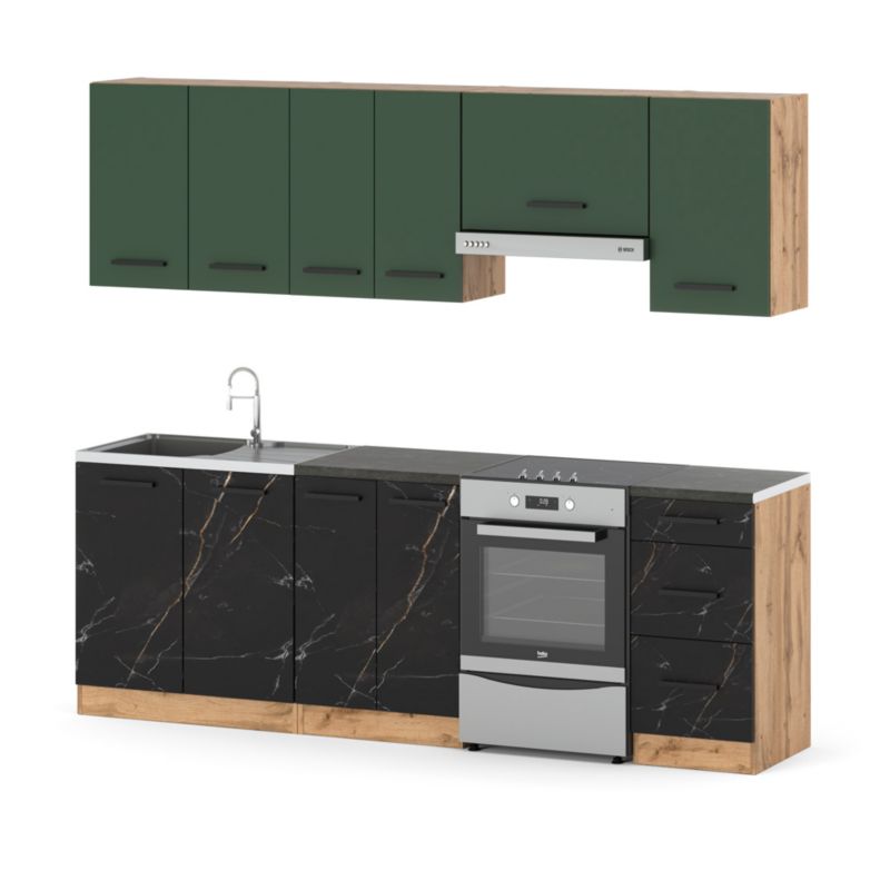 Zestaw Kuchenny Hurtownia-Mebli Z Blatem Kuchnia Mokka 240cm Dąb Wotan Butelkowa Zieleń/San Sebastian 240x47x145 cm 1szt.