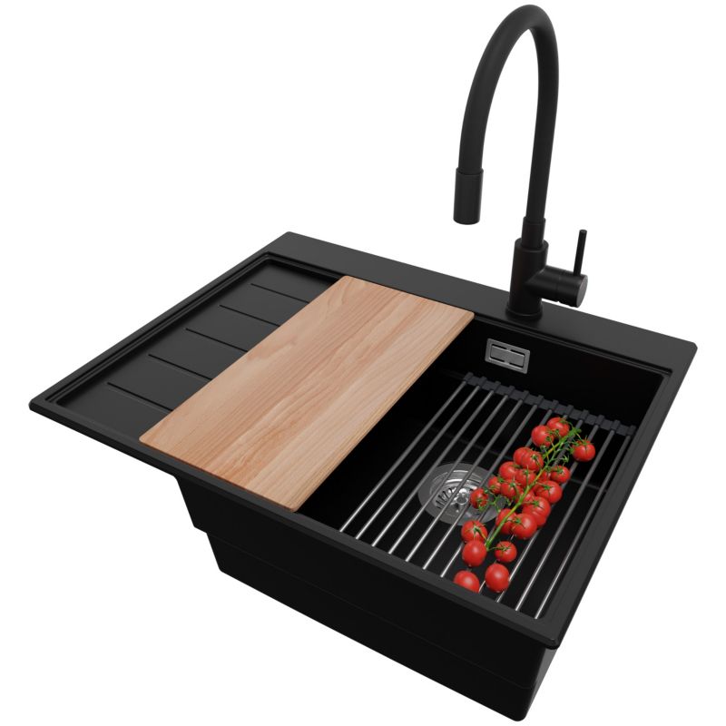 Zlewozmywak Granitowy Sydney PRIMAGRAN Nablatowy 62x50cm do szafki od 45cm, Czarny + Bateria + Syfon + Akcesoria, S134, 1 szt.