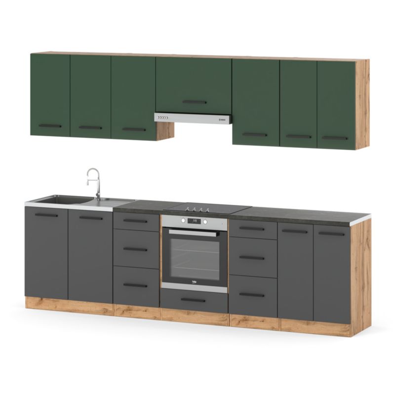 Zestaw Kuchenny Hurtownia-Mebli Z Blatem Kuchnia Roma 280cm Dąb Wotan Butelkowa Zieleń/Szary Mat 280x47x145 cm 1szt.