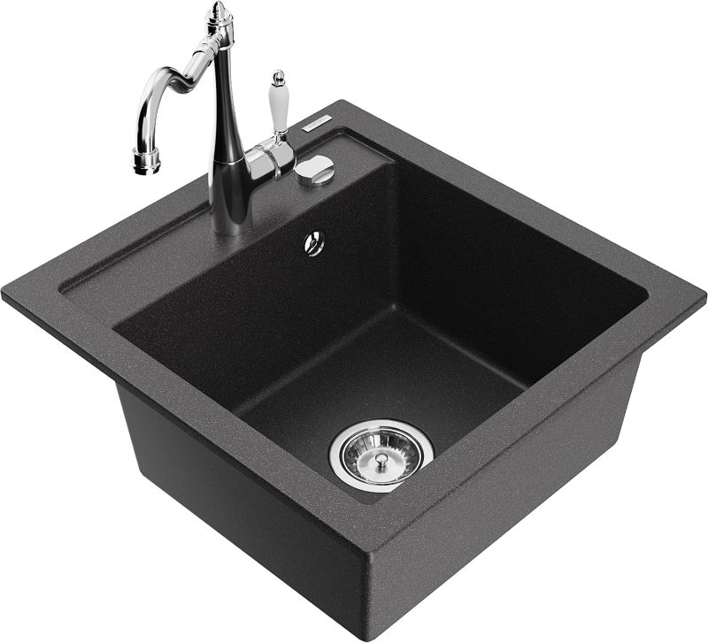 Zlewozmywak granitowy Mexen Vito 1-komorowy z baterią kuchenną Carla czarny 6503-76-670700-00