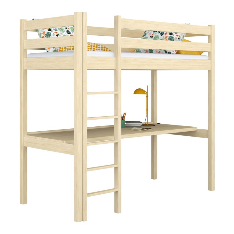 Drewniane łóżko N-WOOD na antresoli z biurkiem N05 sosna bezbarwna 120x200 1szt.