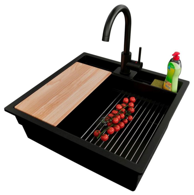 Zlewozmywak podblatowy Bergen Pocket PRIMAGRAN 56x54cm do szafki od 60cm, Czarny + Bateria 32x20cm + Syfon + Akcesoria, , 1 szt.