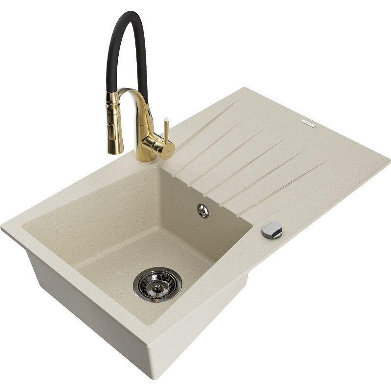 Zlewozmywak granitowy 1-komorowy Mexen Cesar z ociekaczem i baterią kuchenną Aster beżowy 6514-69-73450-57-B