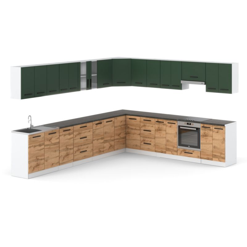 Zestaw Kuchenny Hurtownia-Mebli Z Blatem Kuchnia narożna Rossa 680cm Biały Mat Butelkowa Zieleń/Dąb Wotan 680x47x145 cm 1szt.