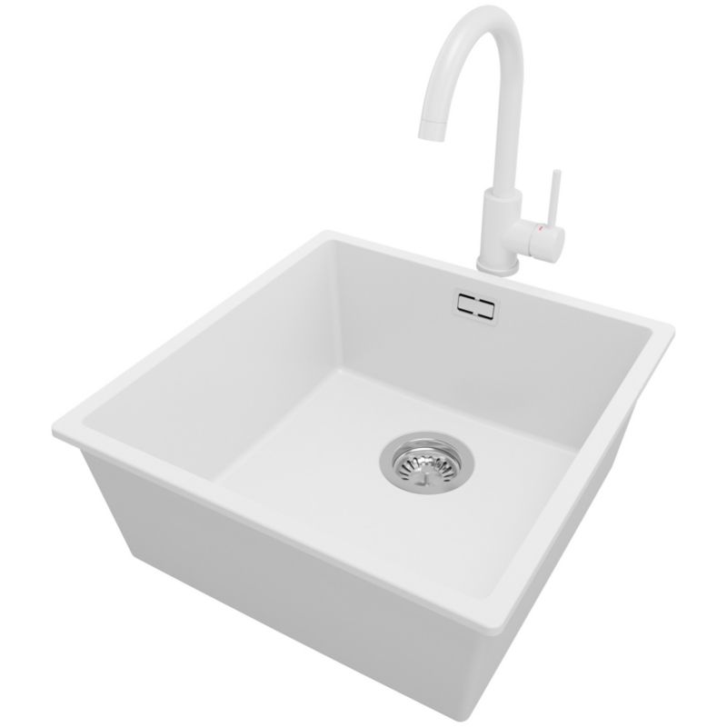 Zlewozmywak Granitowy Londyn Slim PRIMAGRAN Nablatowy 46x47cm do szafki od 50cm, Biały + Bateria 32x20cm + Syfon, S219, 1 szt.