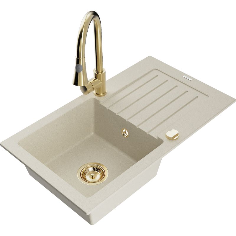 Zlewozmywak granitowy 1-komorowy Mexen Pablo z ociekaczem i baterią kuchenną Elia beżowy 6510-69-670101-50