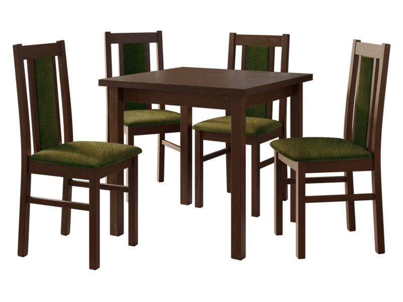 Zestaw DR05 MIRJAN 24 Stół Max IX 80 + 4 krzesła Bos 14 orzech + ciemnozielona tapicerka 1 kpl.