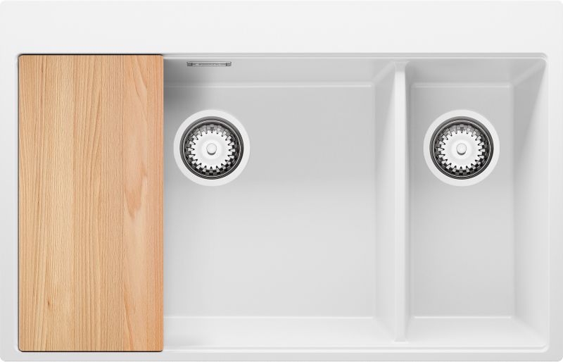 Zlewozmywak Oslo Duo PRIMAGRAN Nablatowy 78x50cm do szafki od 80cm, Biały + Syfon + Deska, S074, 1 szt.