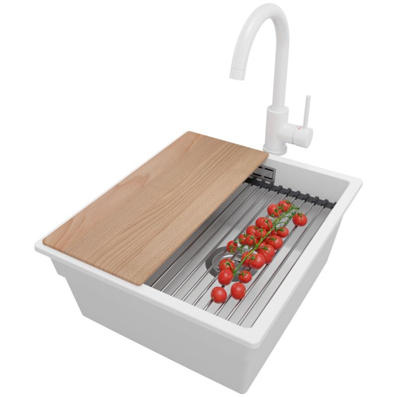 Zlewozmywak Granitowy Praga Slim PRIMAGRAN Nablatowy 41x47cm do szafki od 45cm z Syfonem i Baterią i Dodatkiem Biały 1 szt.