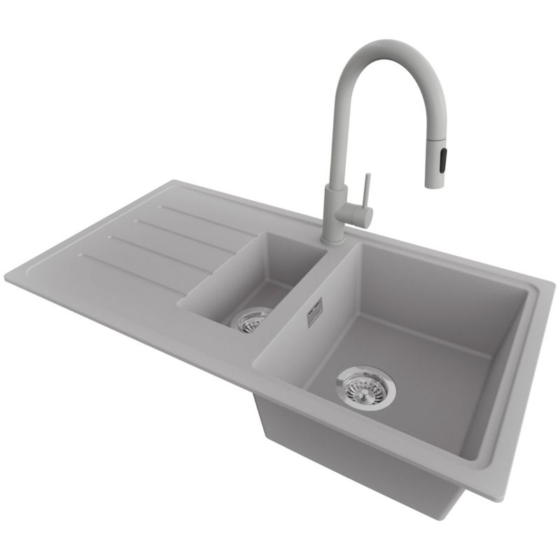 Zlewozmywak Granitowy Kopenhaga Duo PRIMAGRAN Nablatowy 90x50cm do szafki od 60cm, Szary + Bateria 40x20cm + Syfon, S023, 1 szt.