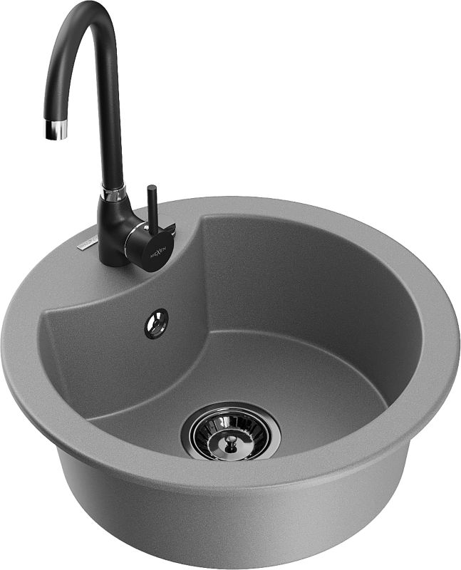 Zlewozmywak granitowy Mexen Diego 1-komorowy z baterią kuchenną Telma szary 6512-71-670200-70-B