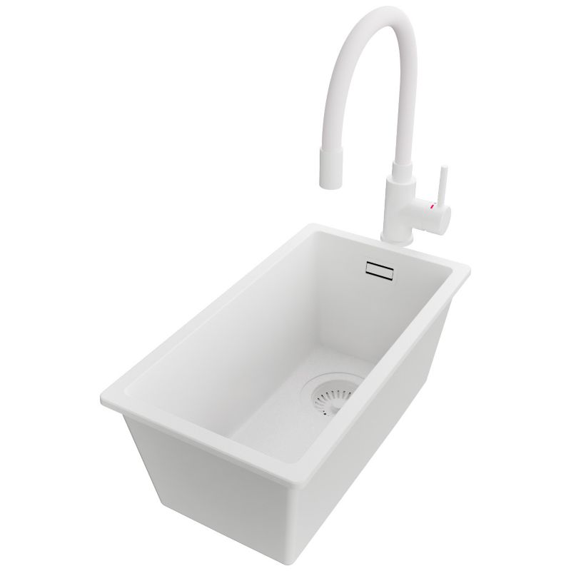 Zlewozmywak podblatowy Londyn PRIMAGRAN 26x47cm do szafki od 30cm, Cały Biały + Bateria 38x14cm + Syfon, S024, 1 szt.