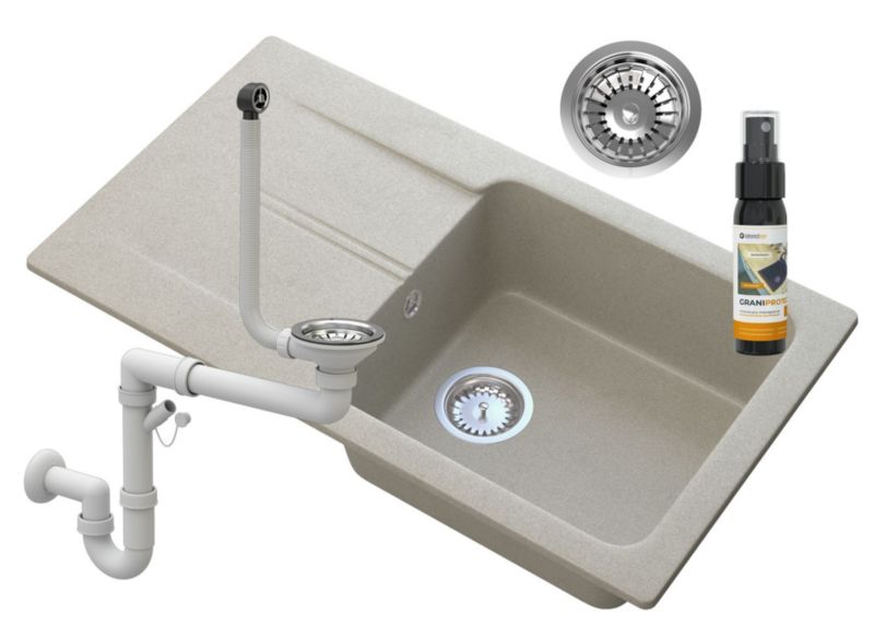 Zlewozmywak Granitowy Jednokomorowy Z Ociekaczem Granitan Tasos Beżowy Zestaw Zlew Syfon 1 kpl.