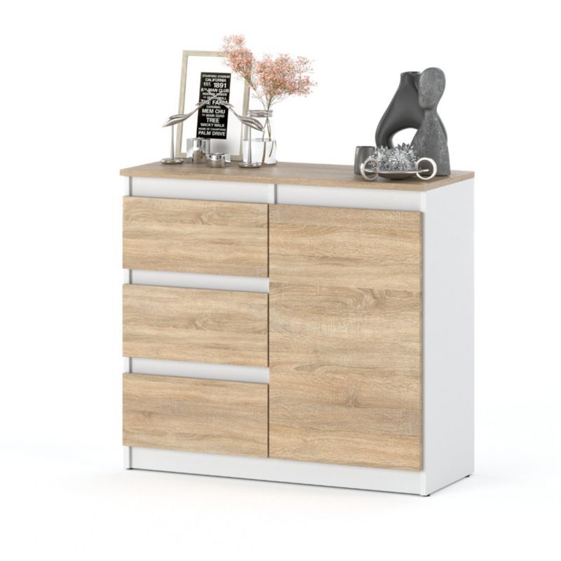 Komoda Hurtownia-Mebli Szuflady 3 Agnes Plus 1D3SZ 80cm Biały Mat Dąb Sonoma 80x35x75 cm 1szt.