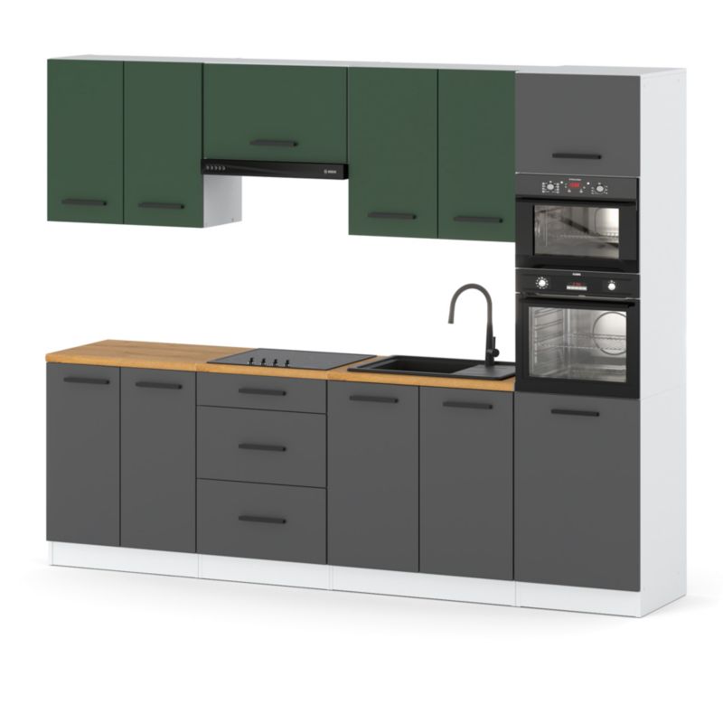 Zestaw Kuchenny Hurtownia-Mebli Z Blatem Kuchnia Marra 260cm Biały Mat Butelkowa Zieleń/Szary Mat 260x47x217 cm 1szt.
