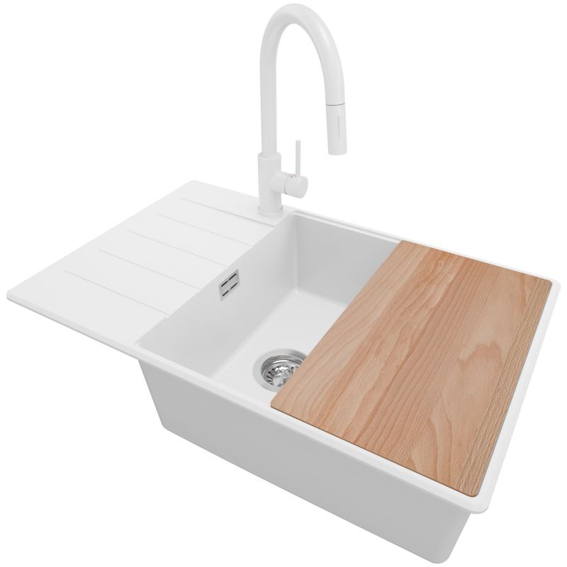 Zlewozmywak Granitowy Kopenhaga PRIMAGRAN Nablatowy 78x50cm do szafki od 60cm, Biały + Bateria + Syfon + Deska, S641, 1 szt.