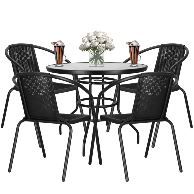Meble na balkon Springos stolik kawowy, 4 krzesła metalowe do ogrodu czarne 1 kpl.