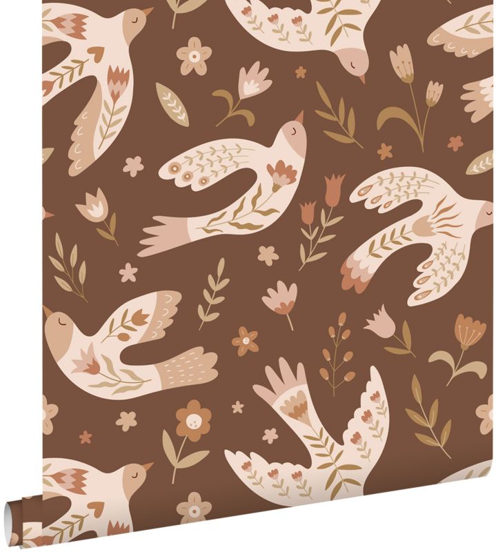 Tapeta ESTAhome kwiaty i ptaki brązowym 50 x 900 cm - 1 rol.