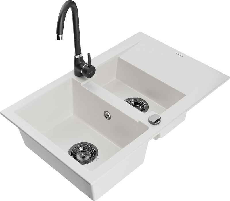 Zlewozmywak granitowy Mexen Gaspar 1,5-komorowy z ociekaczem i baterią kuchenną Telma biały 6507-20-670200-70