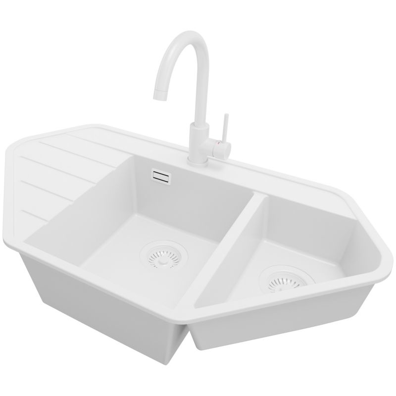 Zlew Granitowy Narożny Kopenhaga Corner PRIMAGRAN Nablatowy 90x50cm do szafki od 70cm, Cały Biały + Bateria + Syfon, S012, 1 szt.