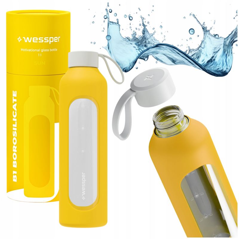Butelka na wodę, Wessper B1, motywacyjna, z miarką, z etui silikonowym, szkło borokrzemowe, bidon, 1000ml, żółta, 1szt