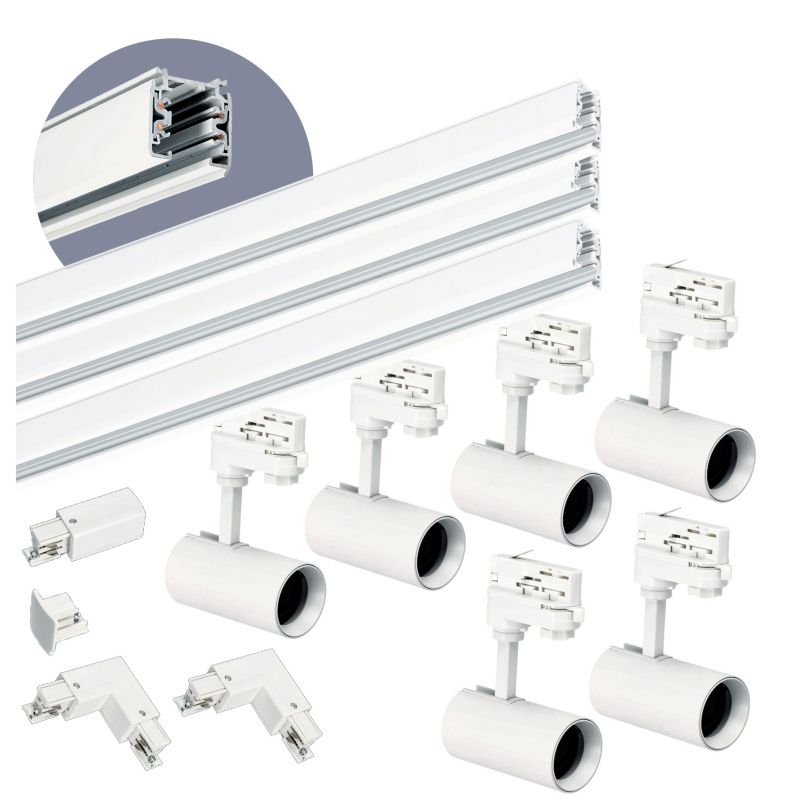 Oświetlenie szynowe 3-fazowe Kobi szyna 1m+1m+1m, 6x Lampa, łącznik L biały 1kpl.