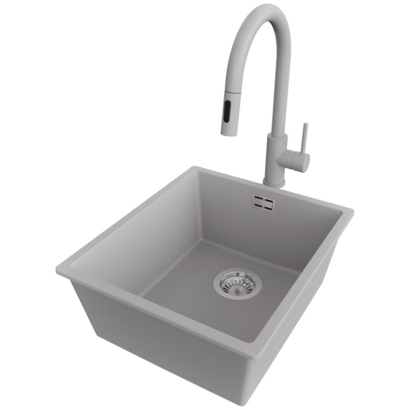 Zlewozmywak Granitowy Londyn Slim PRIMAGRAN Nablatowy 41x47cm do szafki od 45cm, Szary + Bateria 40x20cm + Syfon, S139, 1 szt.