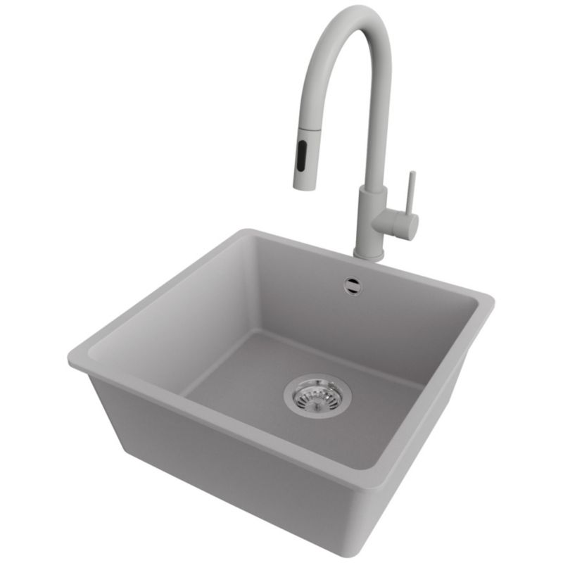 Zlewozmywak podblatowy Wenecja Easy PRIMAGRAN 46x44cm do szafki od 50cm, Szary + Bateria 40x20cm + Syfon, S049, 1 szt.