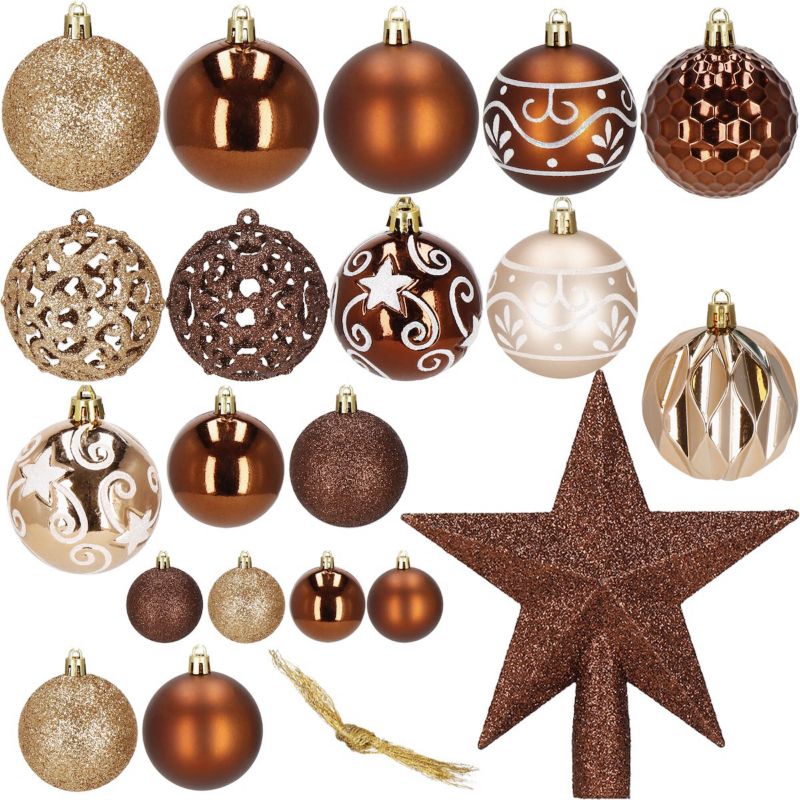 Bombki choinkowe Springos, zawieszki na choinkę z gwiazdą brązowe, rose gold, ozdoby świąteczne 101 szt.