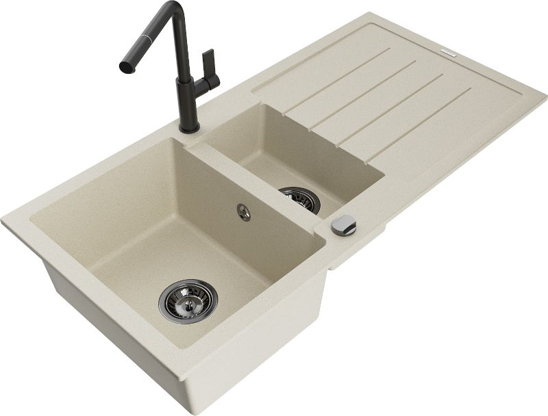 Zlewozmywak granitowy Mexen Andres 1,5-komorowy z ociekaczem i baterią kuchenną Flora biały - 6515-20-670401-70-B 1 szt.