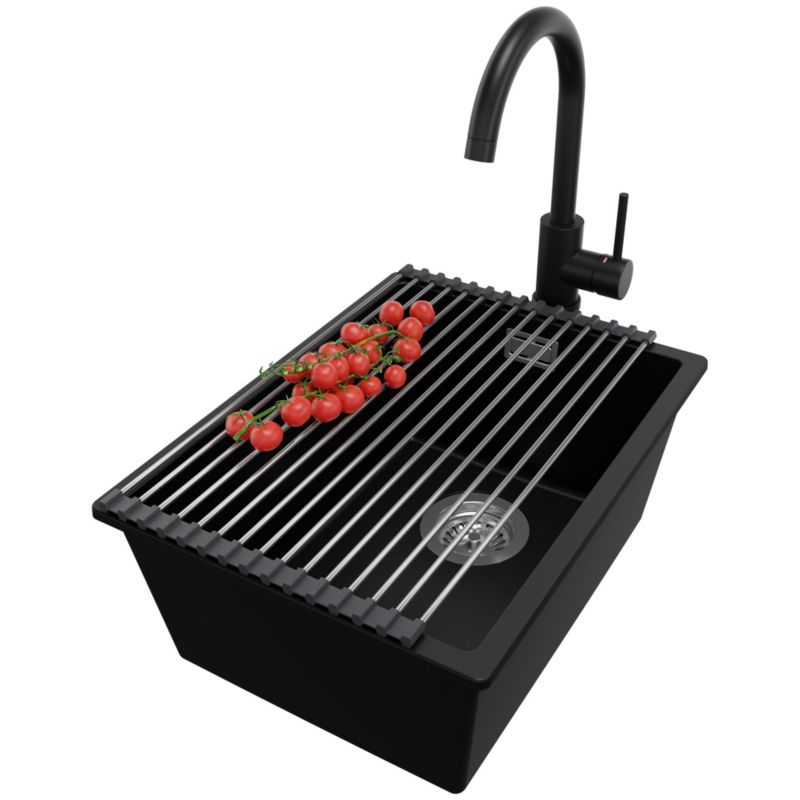 Zlewozmywak Granitowy Londyn Slim PRIMAGRAN Nablatowy 36x47cm do szafki od 40cm z Syfonem i Baterią i Dodatkiem Czarny 1 szt.