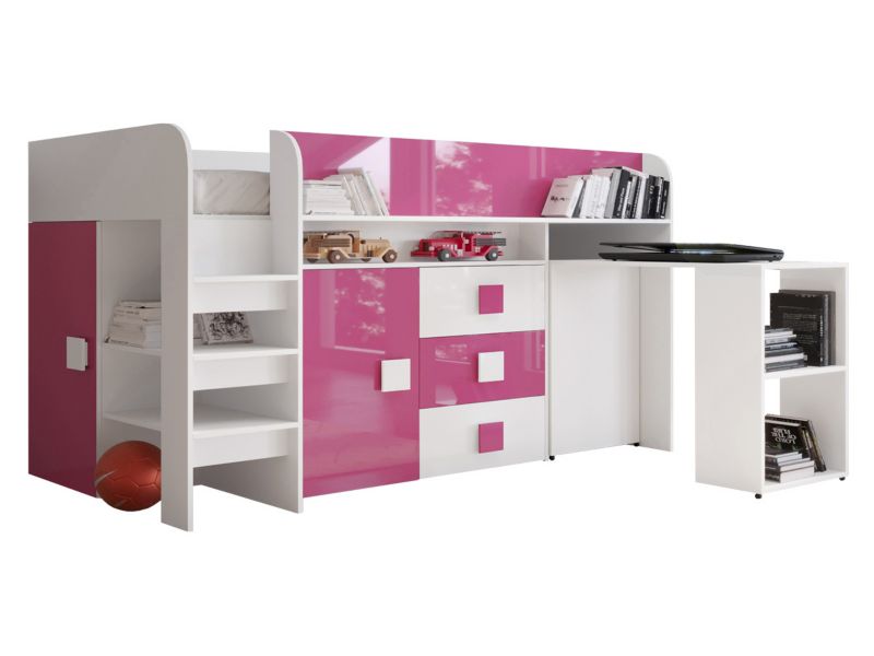Łóżko piętrowe z biurkiem MIRJAN 24 Toledo 1 biały połysk + różowy połysk 1 kpl.