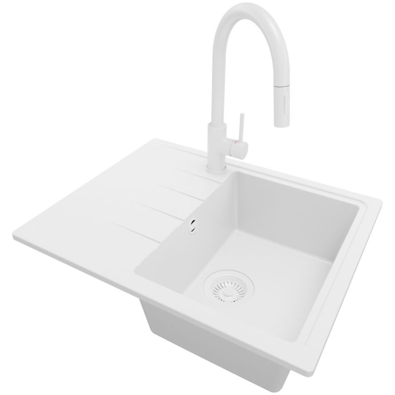 Zlewozmywak Granitowy Mediolan PRIMAGRAN Nablatowy 62x50cm do szafki od 40cm, Cały Biały + Bateria 40x20cm + Syfon, S018, 1 szt.