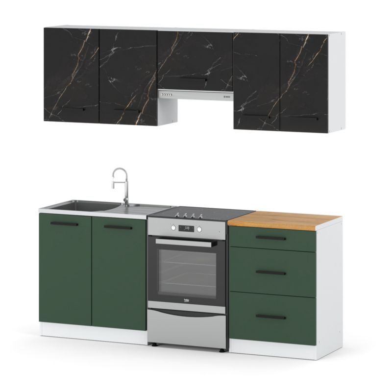 Zestaw Kuchenny Hurtownia-Mebli Z Blatem Kuchnia Mini Mokka Plus 200cm Biały Mat San Sebastian/Butelkowa Zieleń 200x47x145 cm 1s