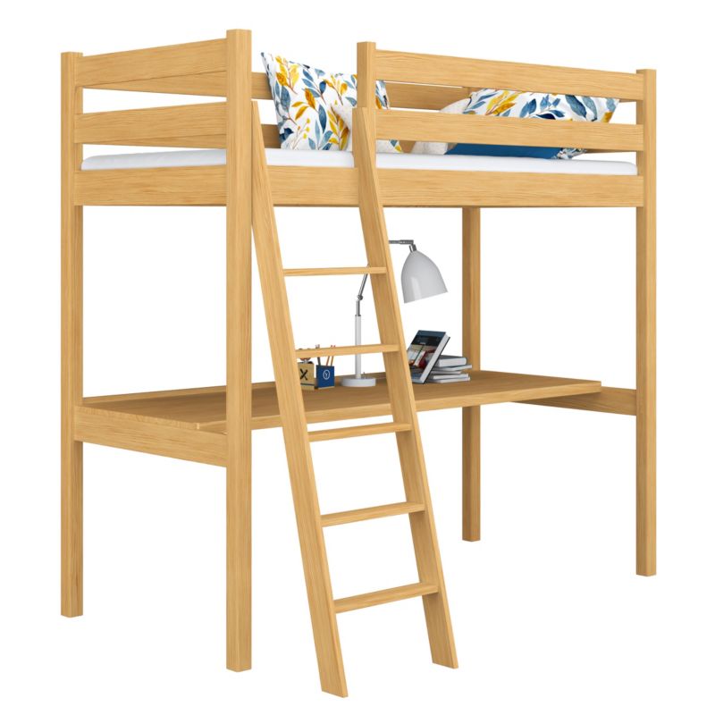 Drewniane łóżko N-WOOD na antresoli z biurkiem N03 sosna naturalna 100x190 1szt.