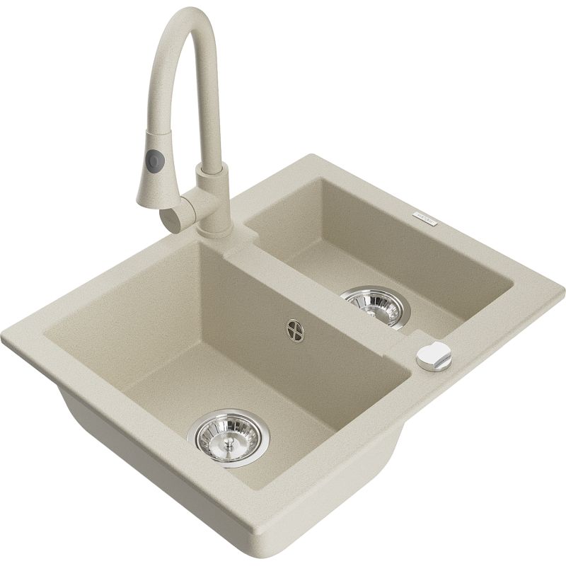 Zlewozmywak granitowy 1.5-komorowy Mexen Carlos z baterią kuchenną Elia beżowy 6518-69-670101-69