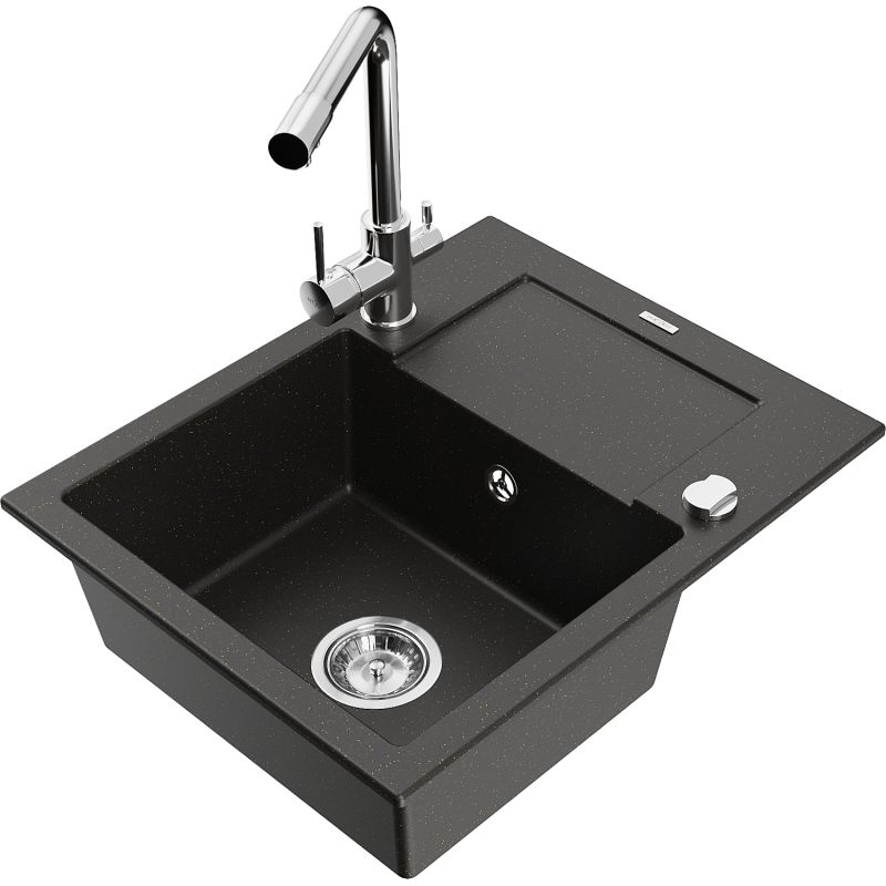 Zlewozmywak granitowy 1-komorowy Mexen Enzo z ociekaczem i baterią kuchenną Duero czarny/złoty metalik 6506-75-671600-00