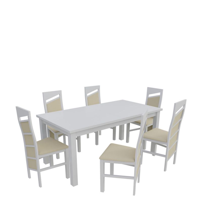 Zestaw RO19 MIRJAN 24 Stół rozkładany S18-L 80x160/200 + 6 krzeseł K61 biały + ekoskóra ecru 1 kpl.