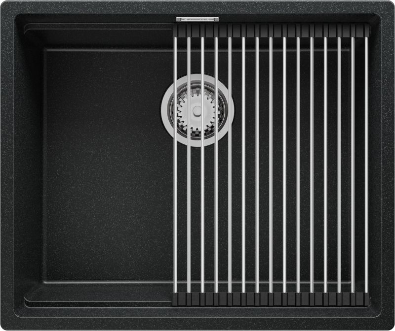 Zlewozmywak Praga Slim PRIMAGRAN Nablatowy 56x47cm do szafki od 60cm, Grafitowy + Syfon + Zwijany ociekacz, S281, 1 szt.