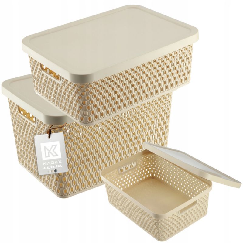 Koszyk KADAX Pudełko Z Pokrywą Pojemnik Organizer Zestaw 4,5L+12L+18L Beżowy 3 szt.