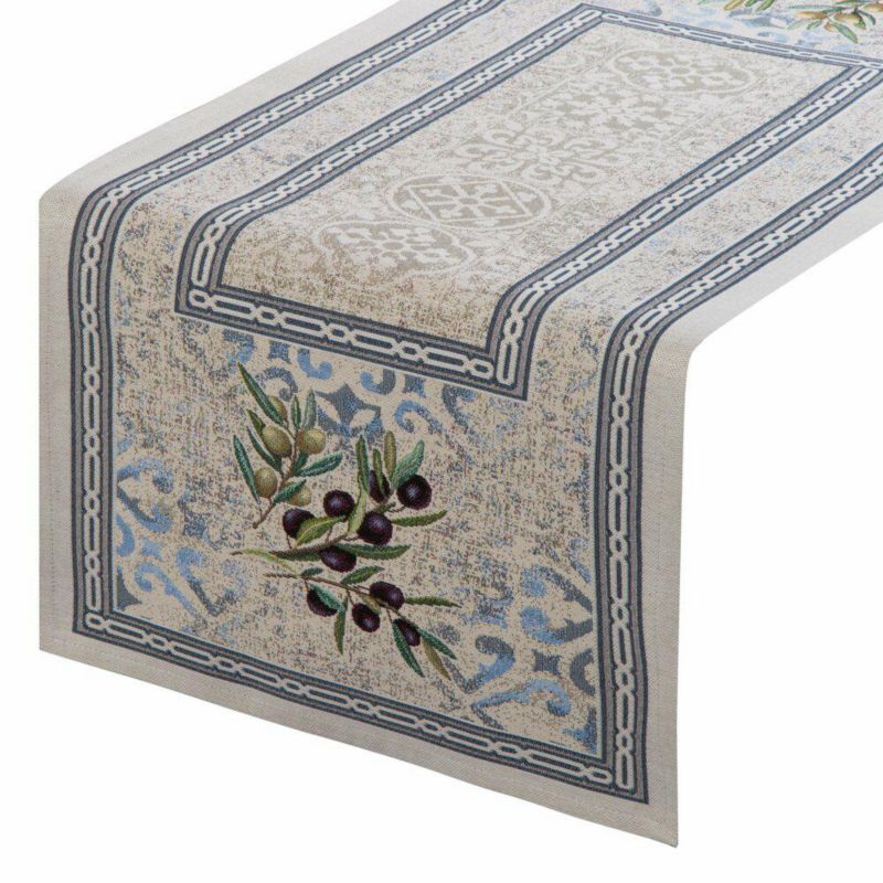 Bieżnik gobelinowy 4094/NAT Eurofirany 40 x 100 cm kremowy z motywem oliwek i ornamentów w stylu śródziemnomorskim 1 szt.