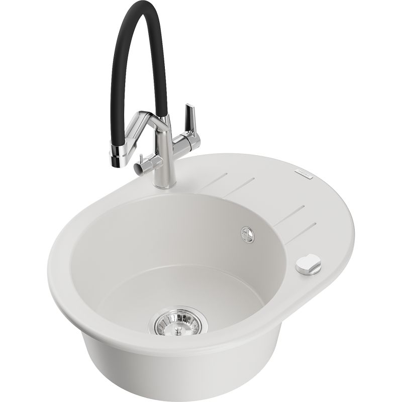 Zlewozmywak granitowy 1-komorowy Mexen Kevin z baterią kuchenną Duo biały 6517-20-671701-07