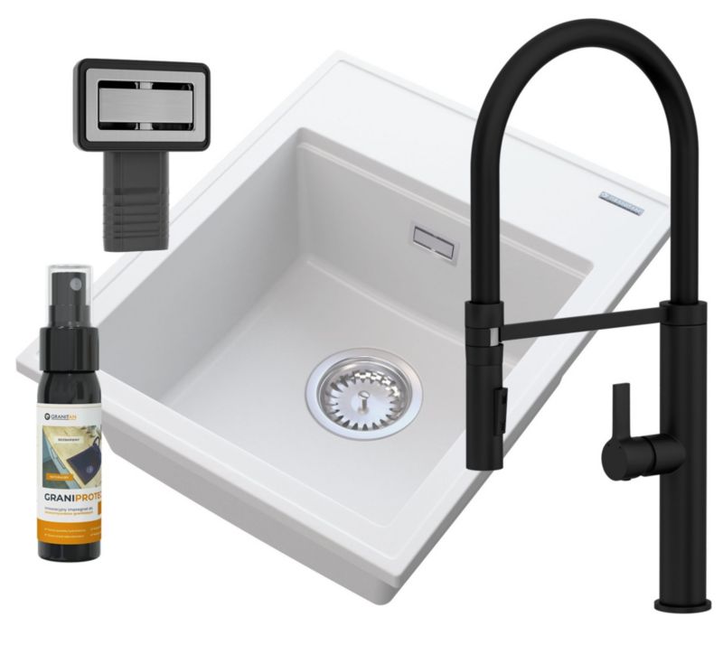 Zlewozmywak Granitowy Jednokomorowy Granitan Alor Biały Zestaw Zlewozmywak Bateria czarna Syfon 1 kpl.
