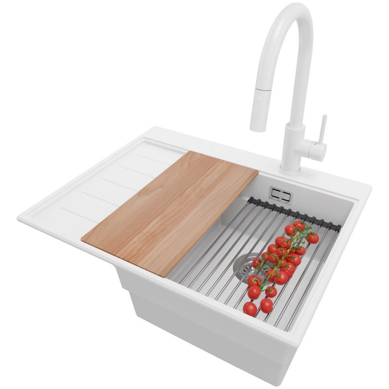 Zlewozmywak Granitowy Sydney PRIMAGRAN Nablatowy 62x50cm do szafki od 40cm, Biały + Bateria + Syfon + Akcesoria, S036, 1 szt.