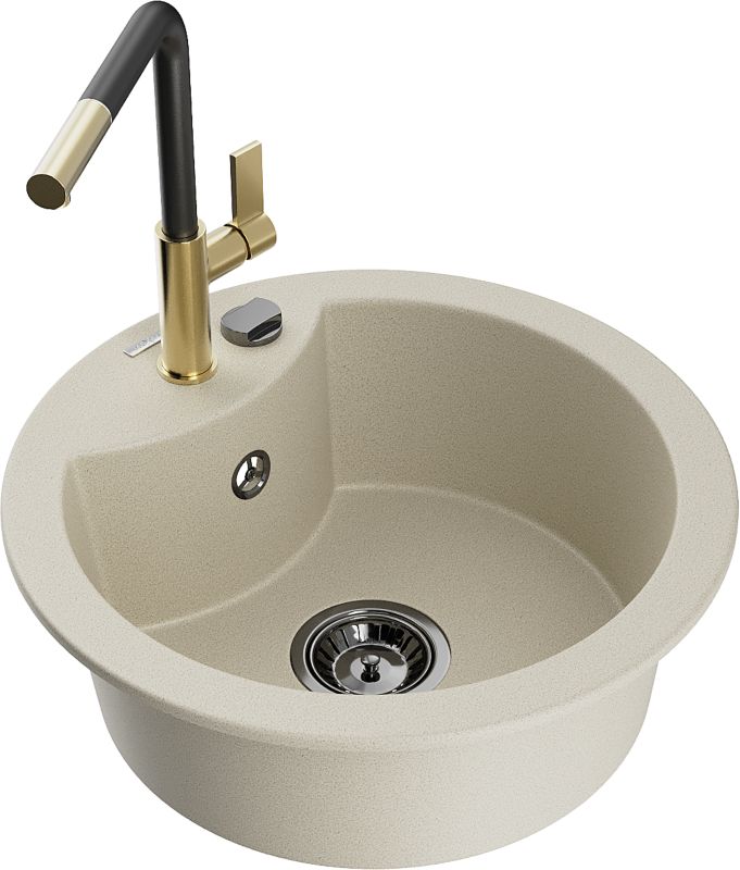 Zlewozmywak granitowy Mexen Diego 1-komorowy z baterią kuchenną Flora beżowy 6512-69-670401-57-B