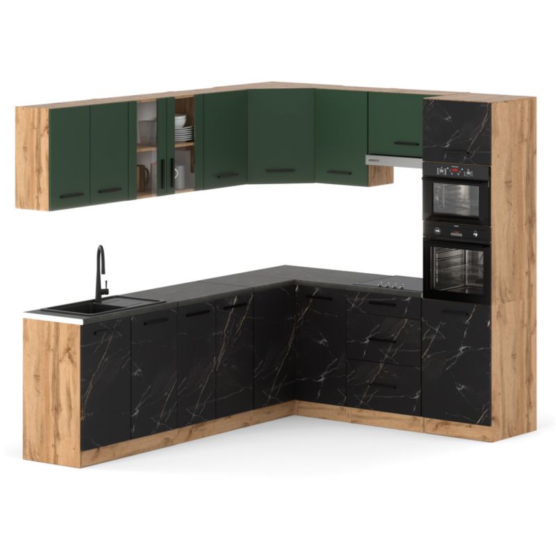 Zestaw Kuchenny Hurtownia-Mebli Z Blatem Kuchnia Marra Narozna 460cm Dąb Wotan Butelkowa Zieleń/San Sebastian 460x47x145 cm 1szt