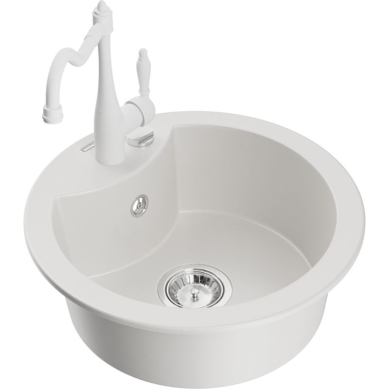 Zlewozmywak granitowy 1-komorowy Mexen Diego z baterią kuchenną Carla biały 6512-20-670700-20