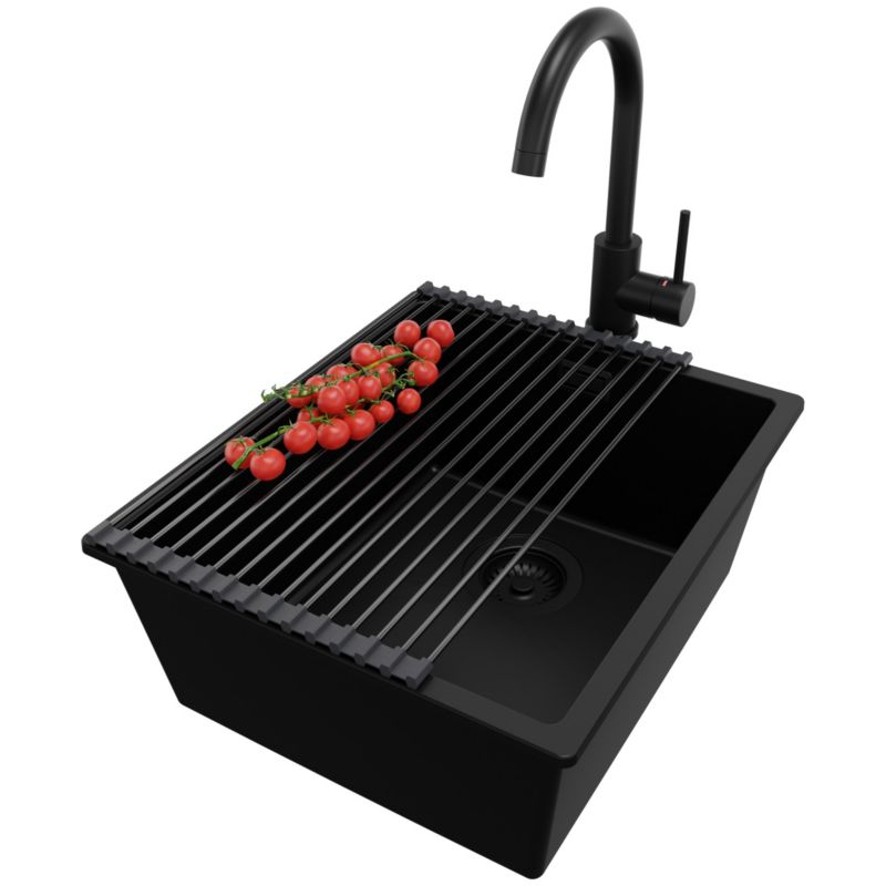 Zlewozmywak Granitowy Londyn Slim PRIMAGRAN Nablatowy 41x47cm do szafki od 45cm z Syfonem i Baterią i Dodatkiem Cały Czarny 1 szt.